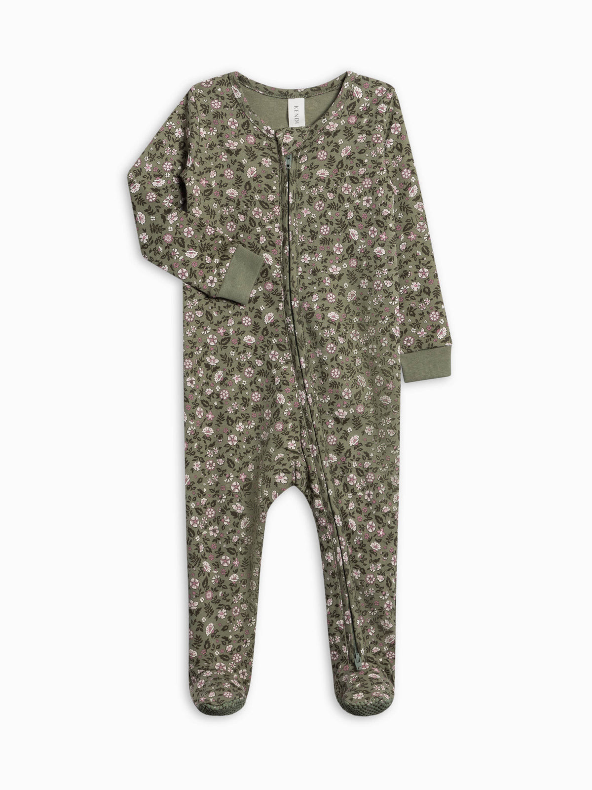 Floral green footed baby sleeper on a white background
