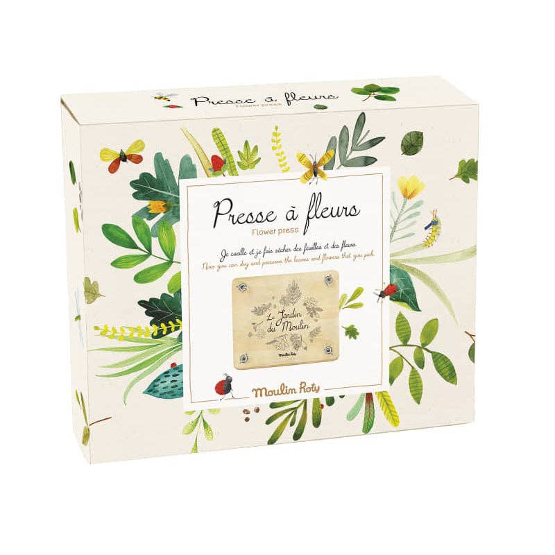 Floral press packaging with botanical illustrations on a white background