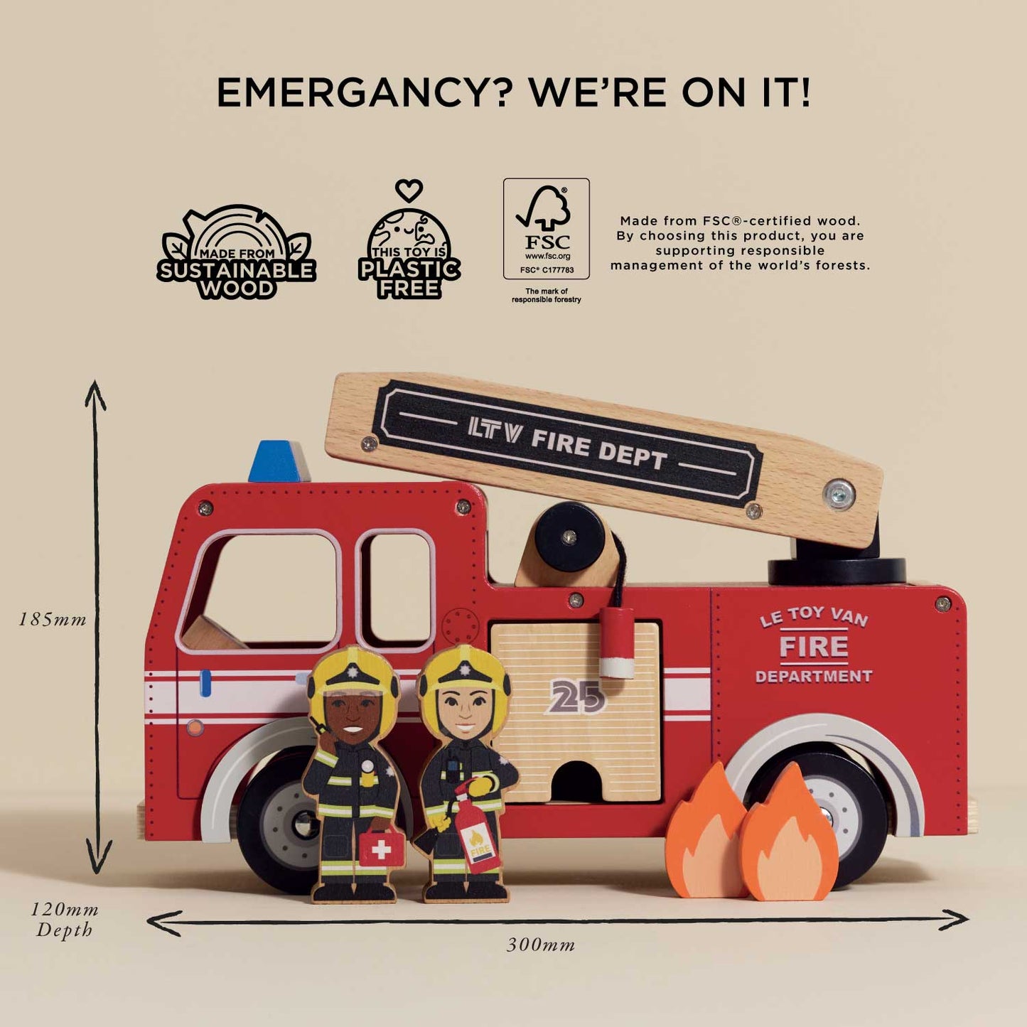 Wooden toy fire truck with firefighters and flames, labeled 'Le Toy Van', on a beige background with sustainability logos.