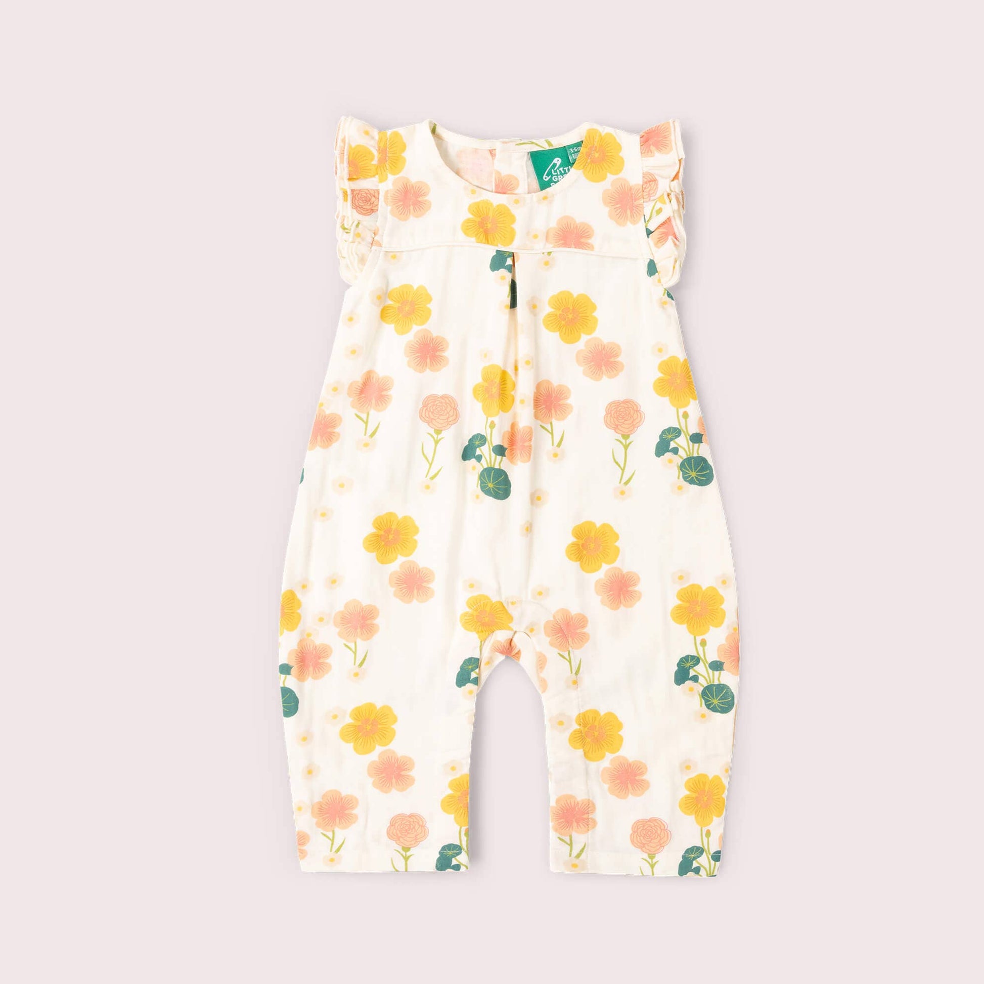 Floral-patterned baby romper on a light gray background