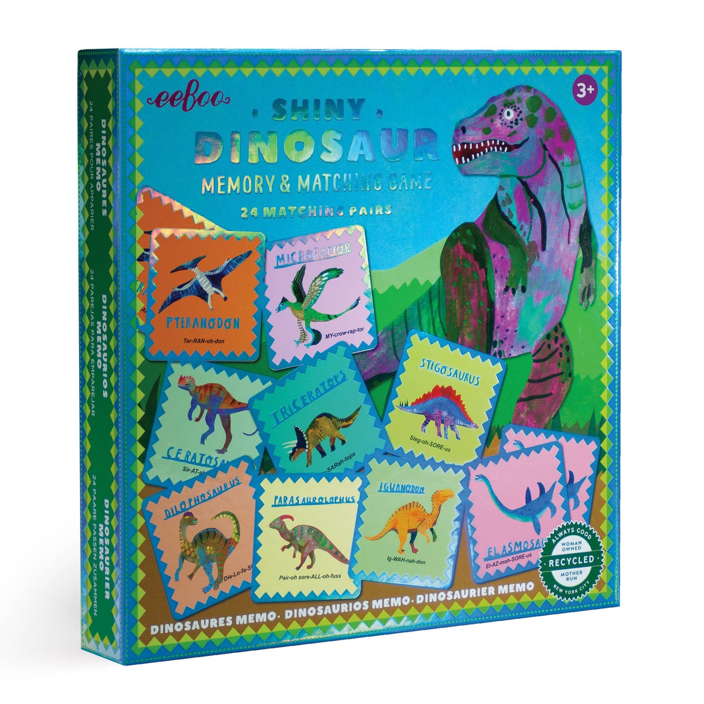 Dinosaur-themed memory and match game packaging with colorful illustrations on a white background