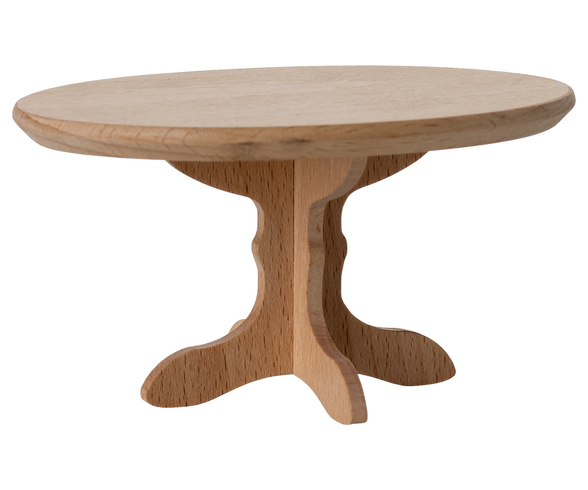 wooden dollhouse table on wooden pedestal
