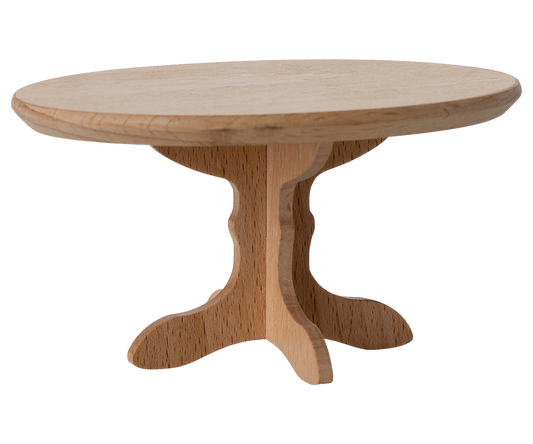wooden dollhouse table on wooden pedestal