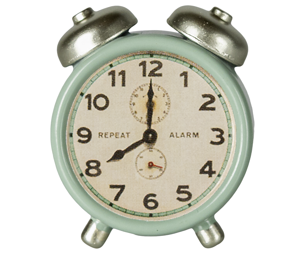 Vintage-style alarm clock with a light green casing and silver bells on a white background.
