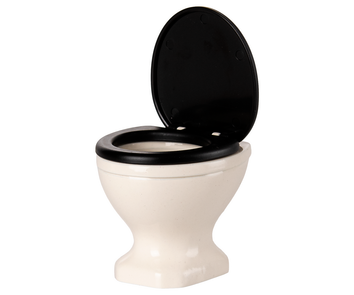 Maileg WC toilet, in off white with a black open lid