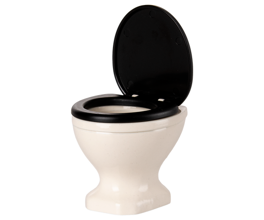 Maileg WC toilet, in off white with a black open lid
