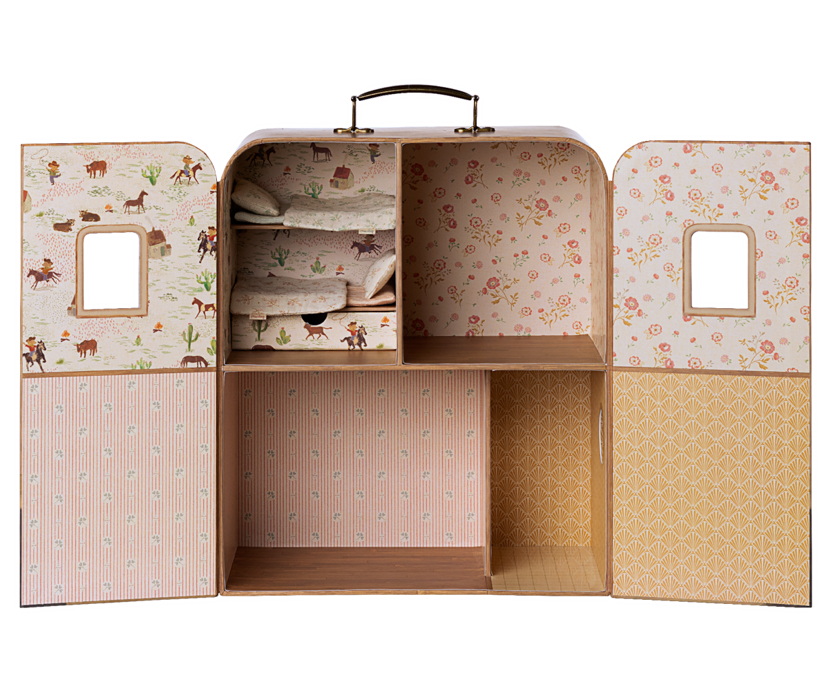 Maileg SuitCasa playhouse, with bedding accessories
