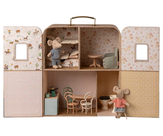Maileg mice in SuitCasa playhouse, with accessories