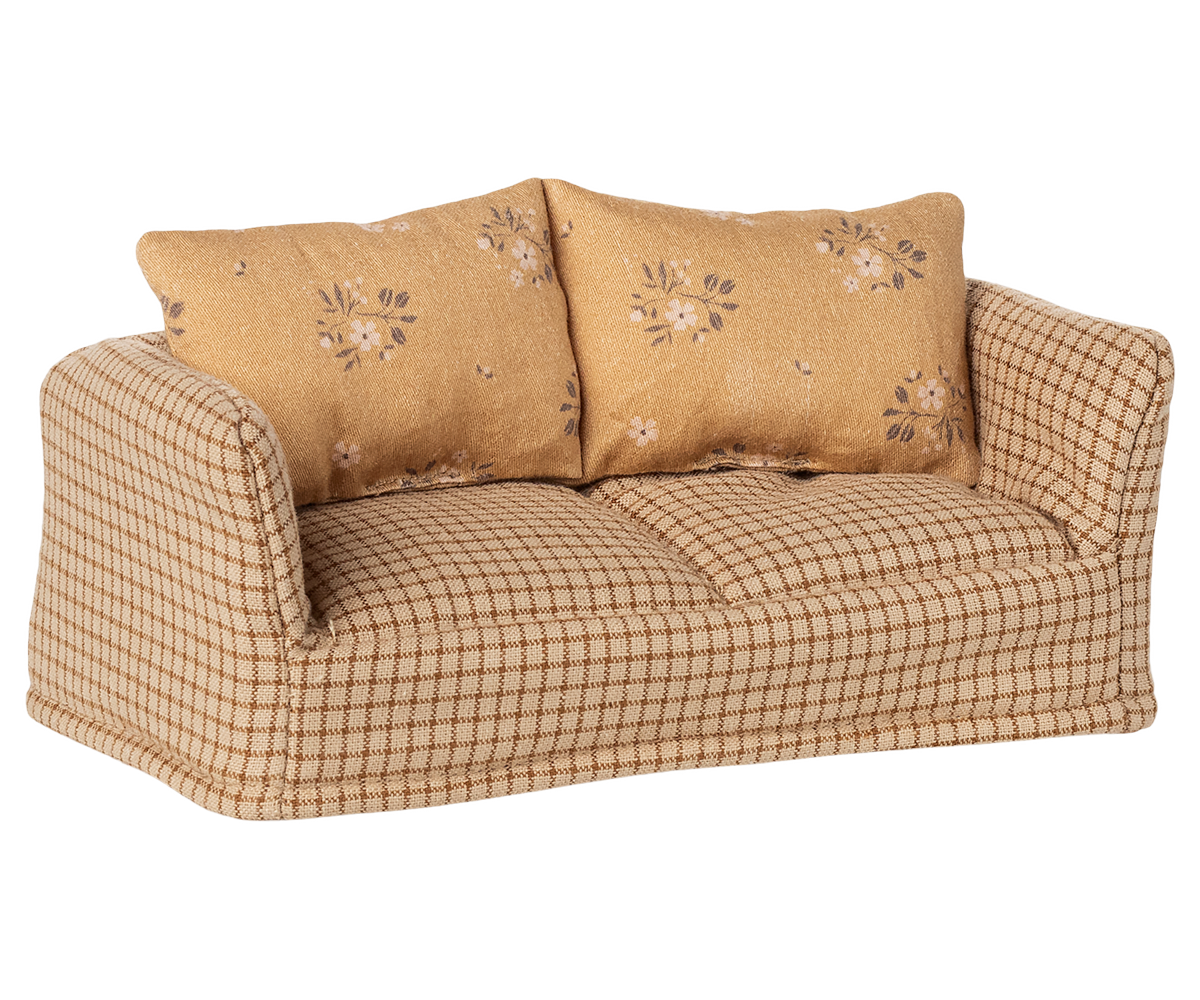 Maileg mouse sized dollhouse couch in yellow plaid with yellow floral pillows
