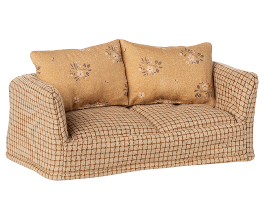 Maileg mouse sized dollhouse couch in yellow plaid with yellow floral pillows