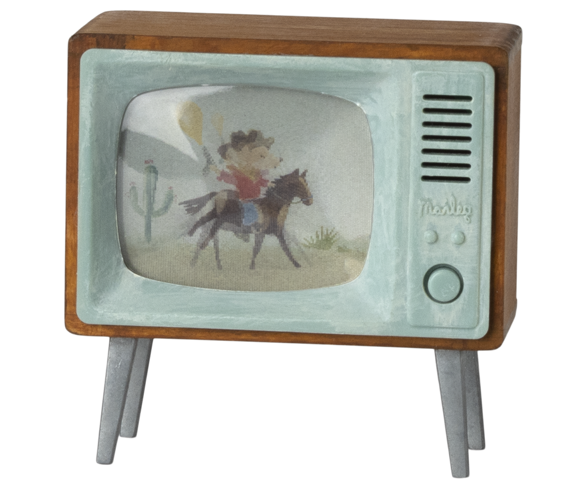 Vintage-style toy Maileg dollhouse television with a cowboy on a horse screen