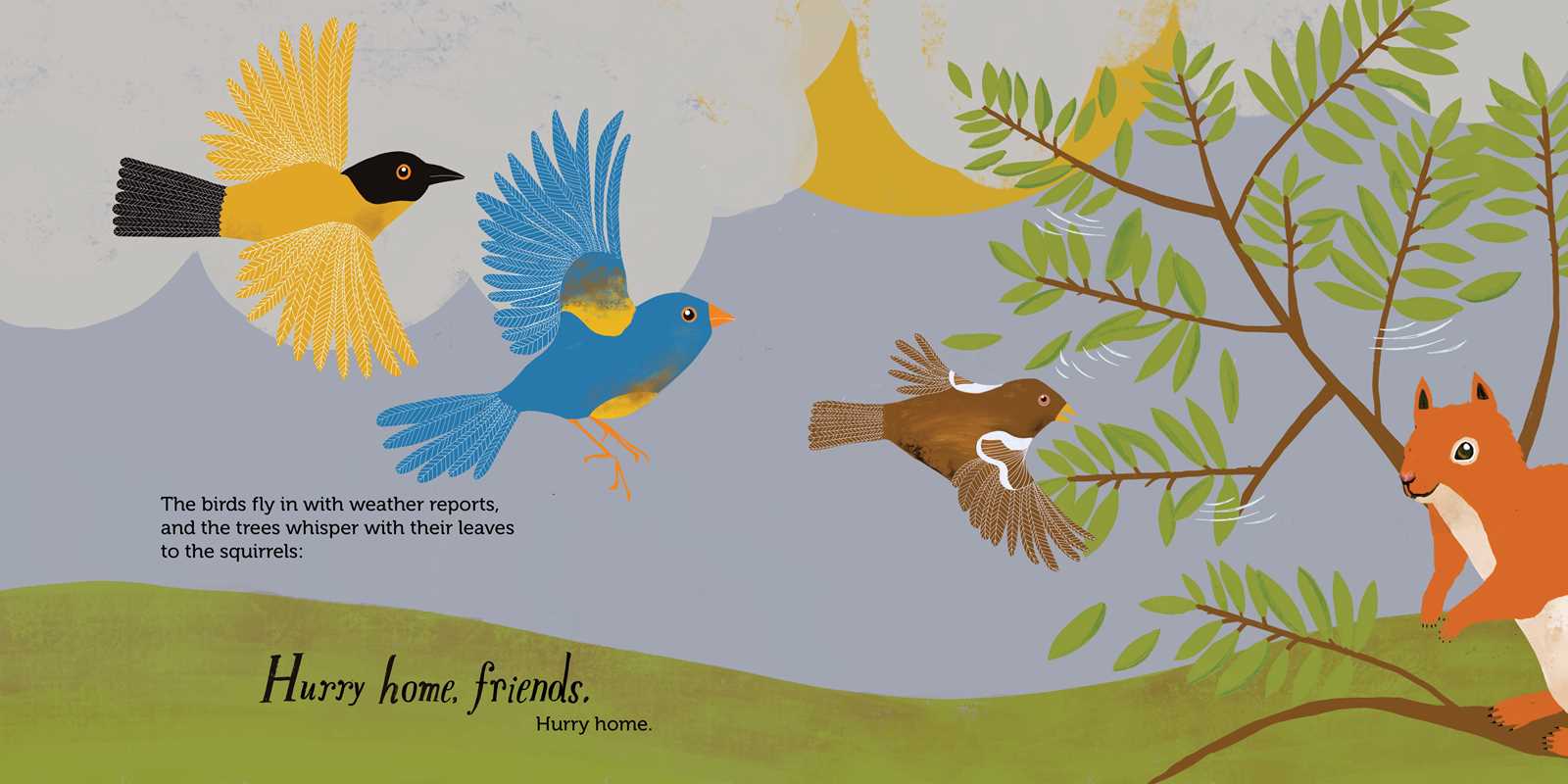 Illustration of birds and a squirrel in a forest setting with text.