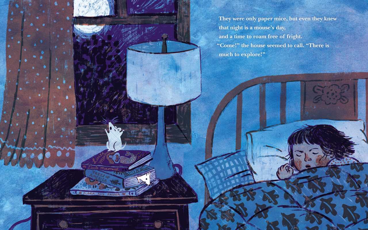 Illustration of a child in bed with a lamp and nightstand, surrounded by text.