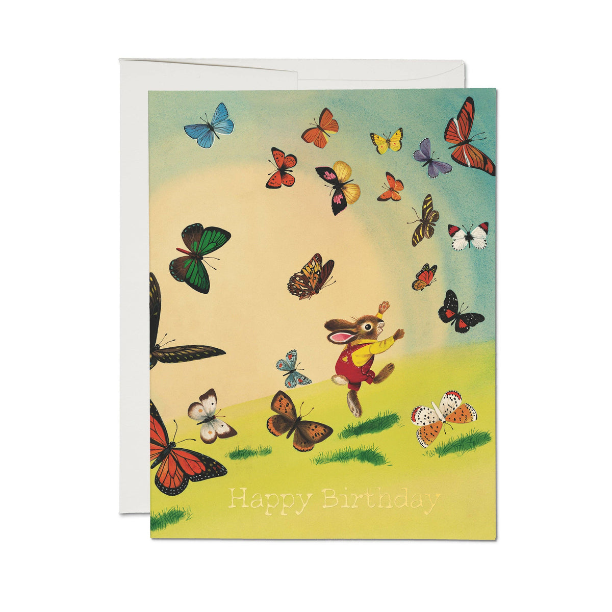 Birthday card with Richard Scarry bunny design shown with a white envelope