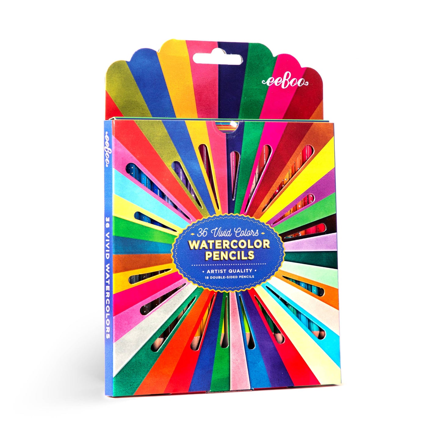 Colorful packaging of 36 watercolor pencils with a brand logo on a white background