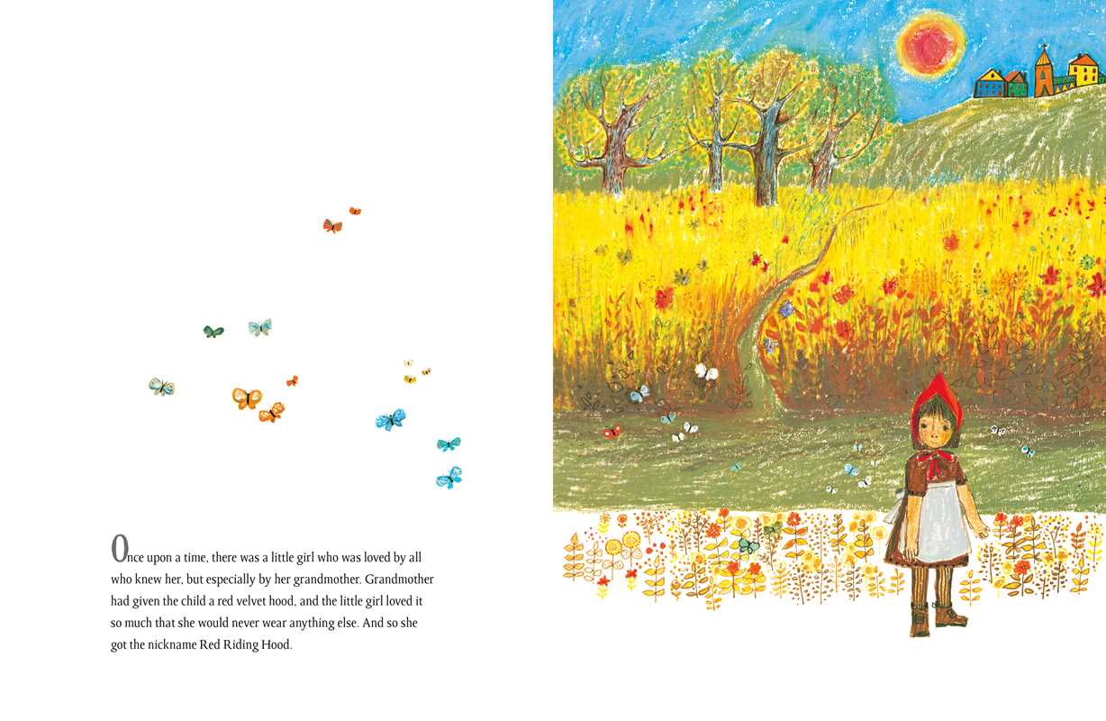 Illustration of a girl in a red hood standing in a field with trees and a sun in the background.