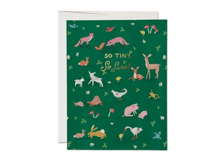 Green baby card with small animal illustrations and the text, "So Tiny, So Sweet" shown with a white envelope