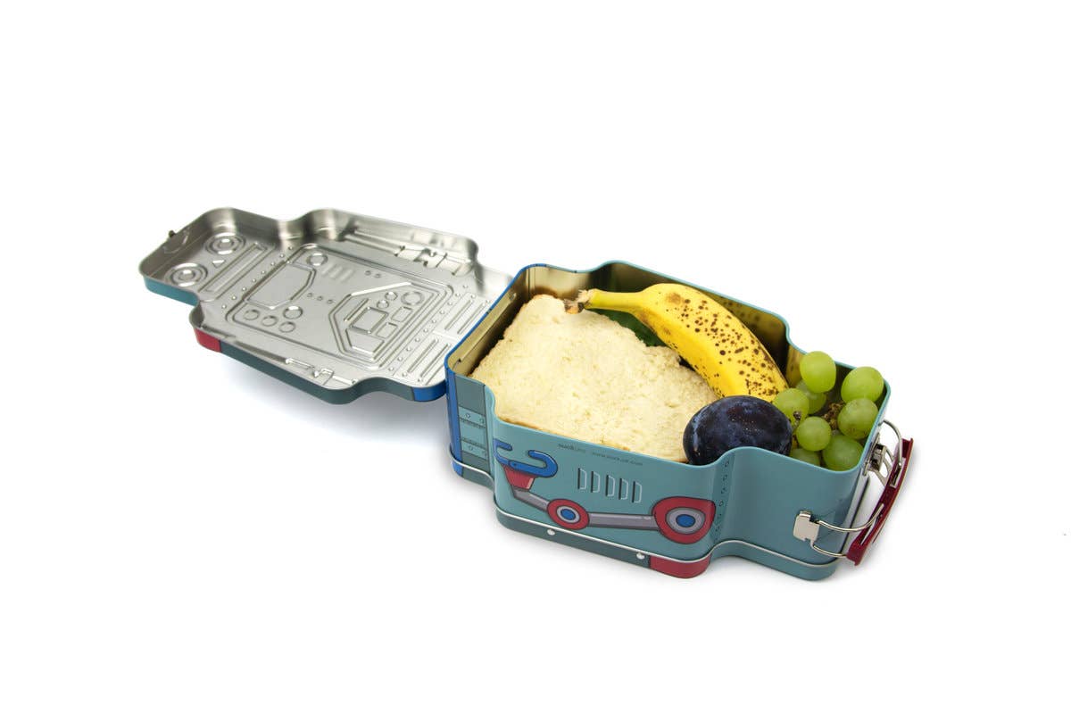 opened robot lunchbox with a sandwich and fruit inside