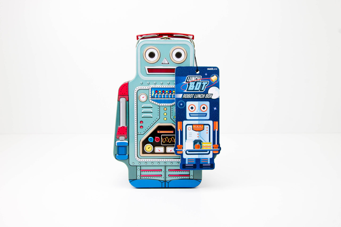 tin robot lunchbox on a white background