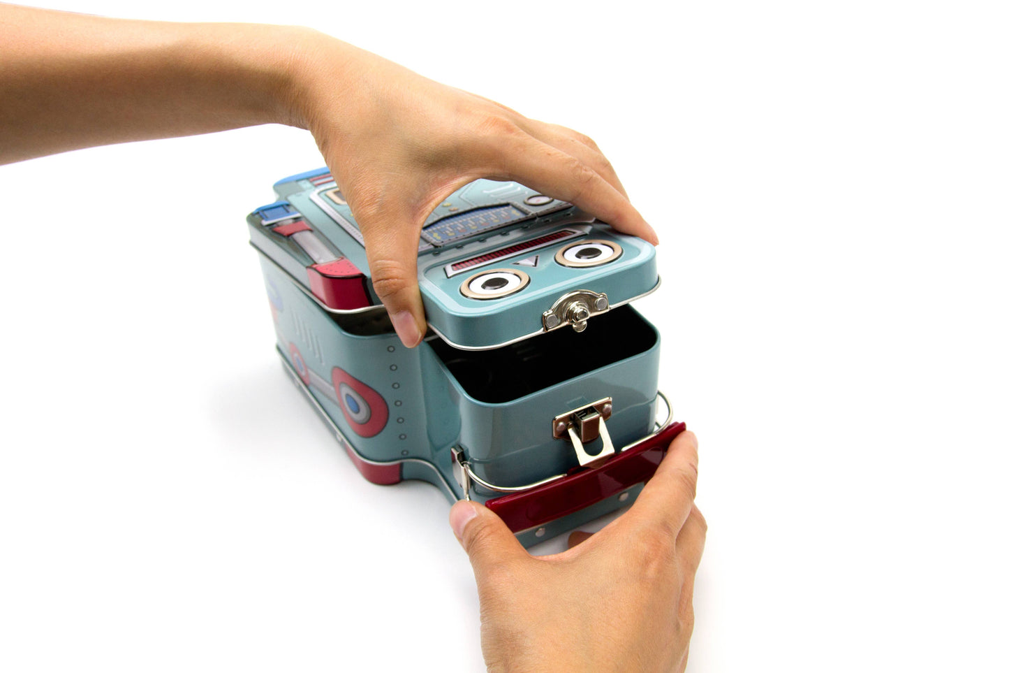 child's hands opening a robot lunchbox