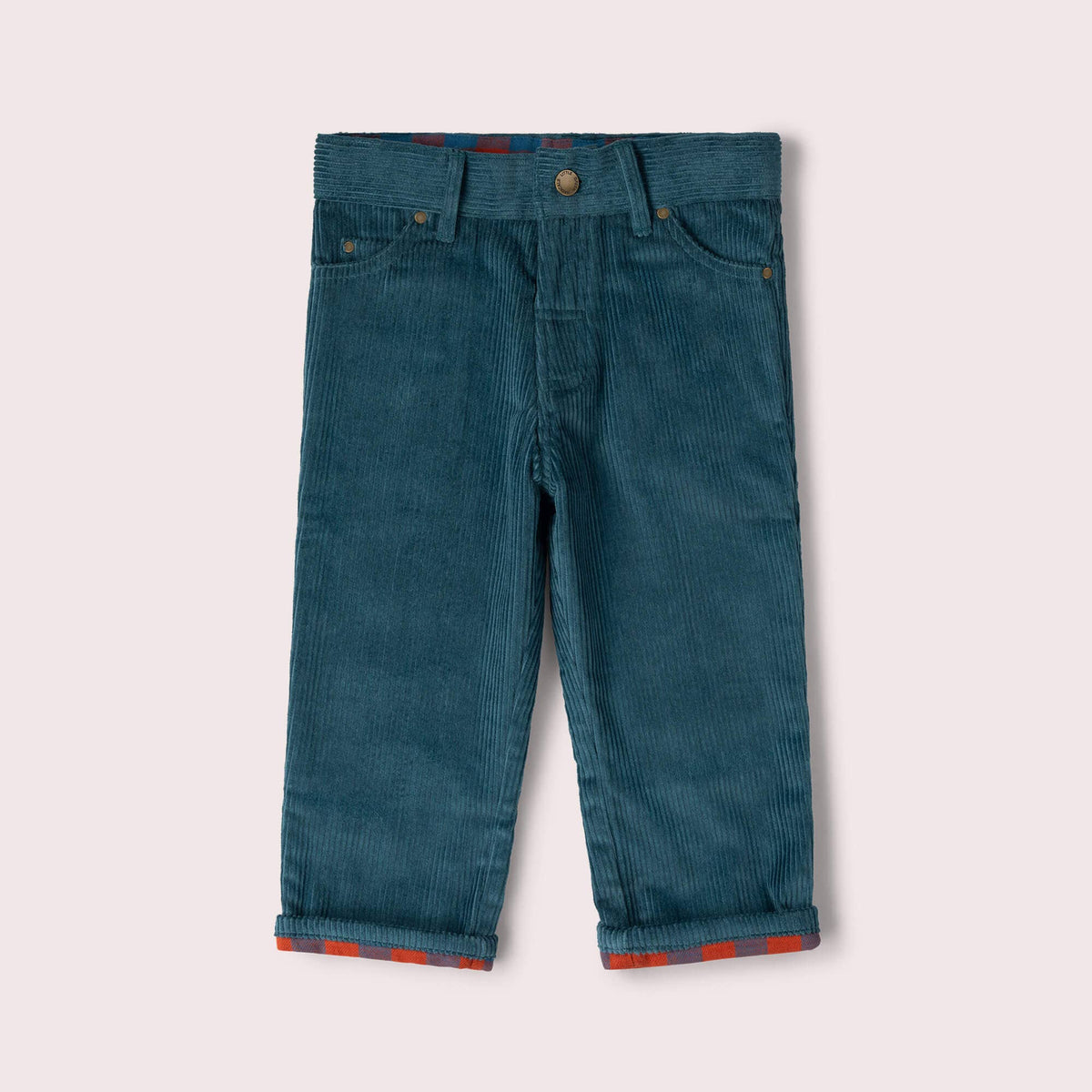 Teal corduroy trousers with front pockets and turned-up cuffs showing check lining.