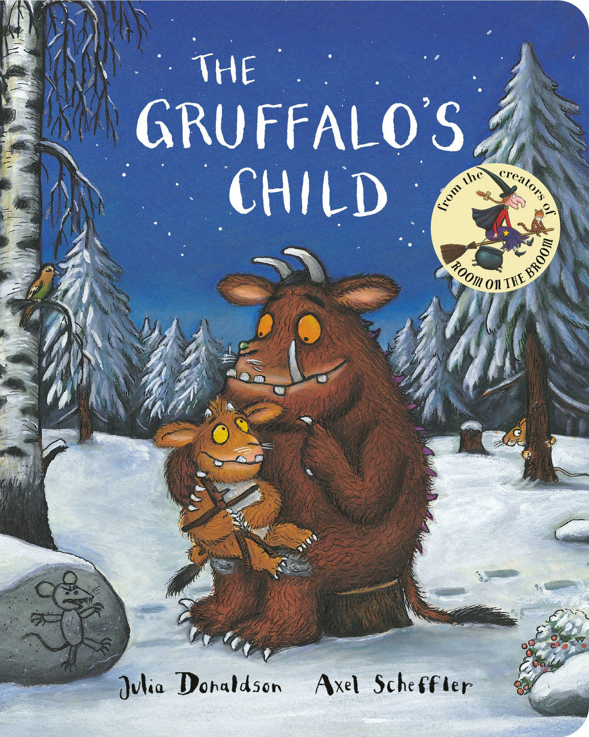 Cover of The Gruffalo's Child featuring a Gruffalo holding a child gruffalo in a snowy woodland setting
