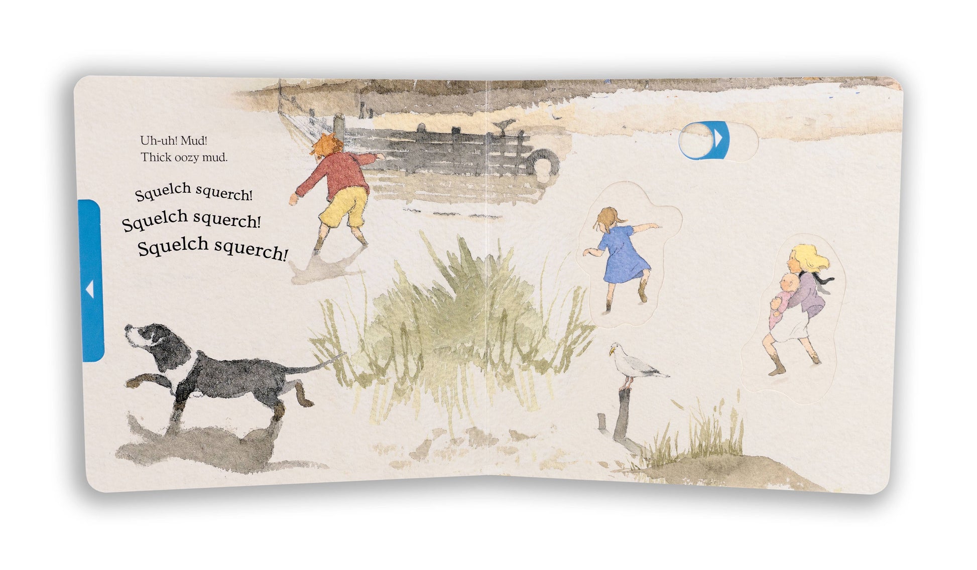 Illustrated book page with children and a dog near water