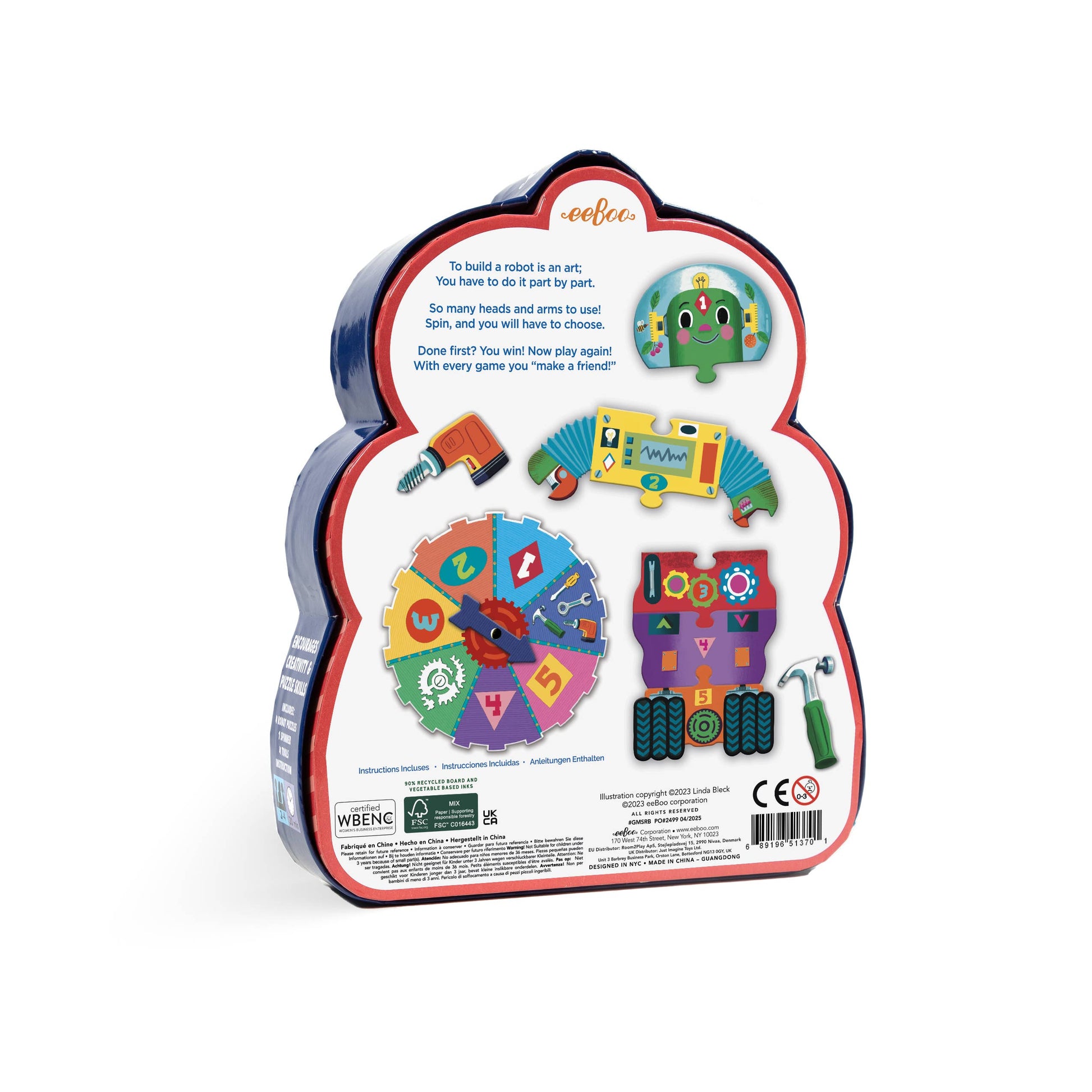 Toy packaging with colorful illustrations of building blocks and a clock on a white background