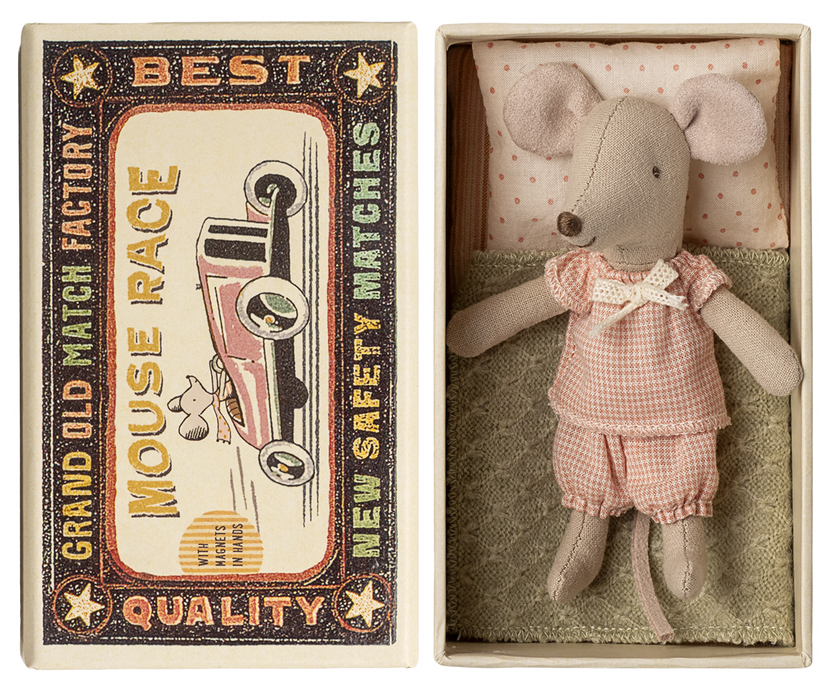 Stuffed mouse toy in a matchbox with vintage-style packaging
