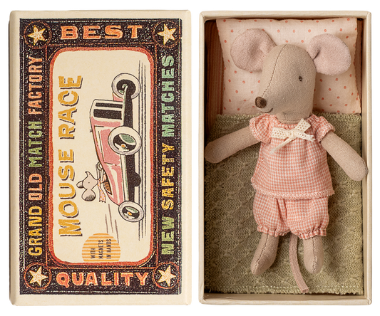 Stuffed mouse toy in a matchbox with vintage-style packaging