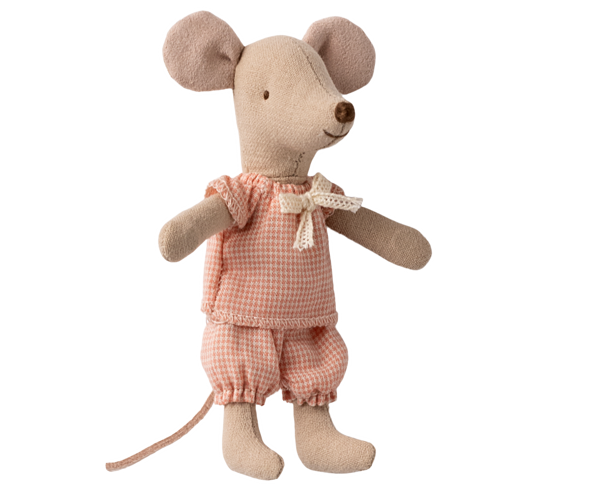 Stuffed mouse toy wearing a pink checkered outfit on a white background