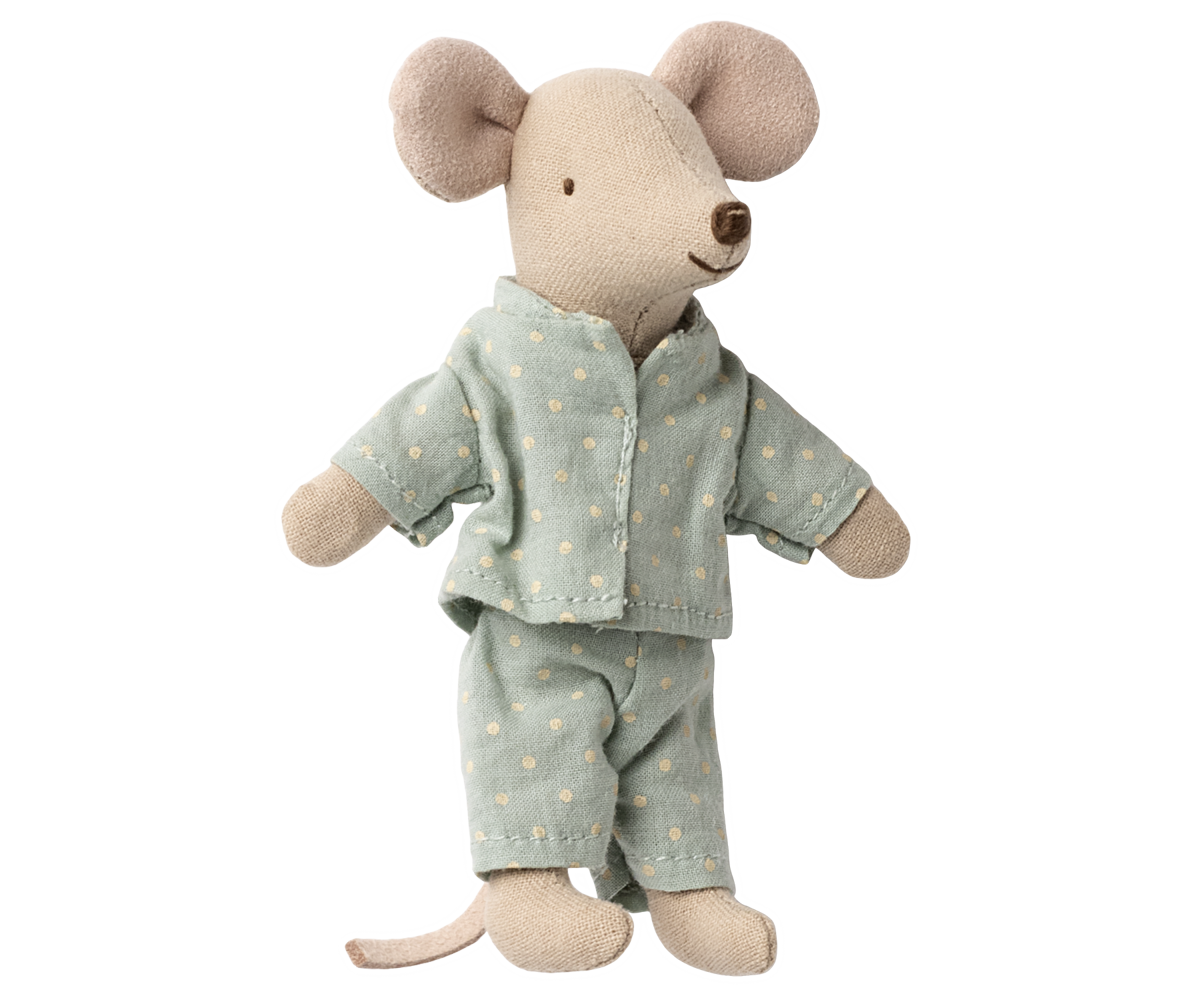 Stuffed mouse toy wearing a light blue outfit with yellow dots on a white background
