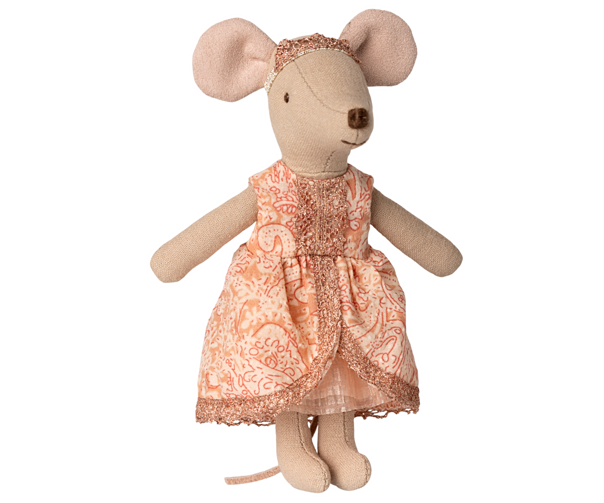 Stuffed princess mouse toy wearing a patterned dress and crown on a white background
