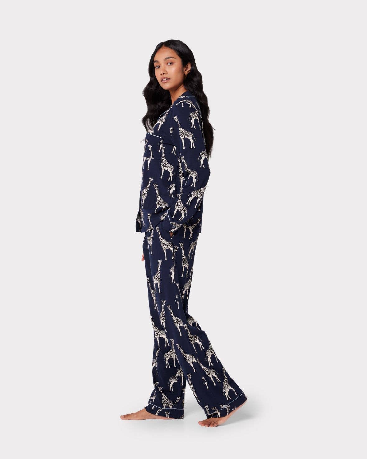 Navy Giraffe Print Organic Cotton Long Pajama Set