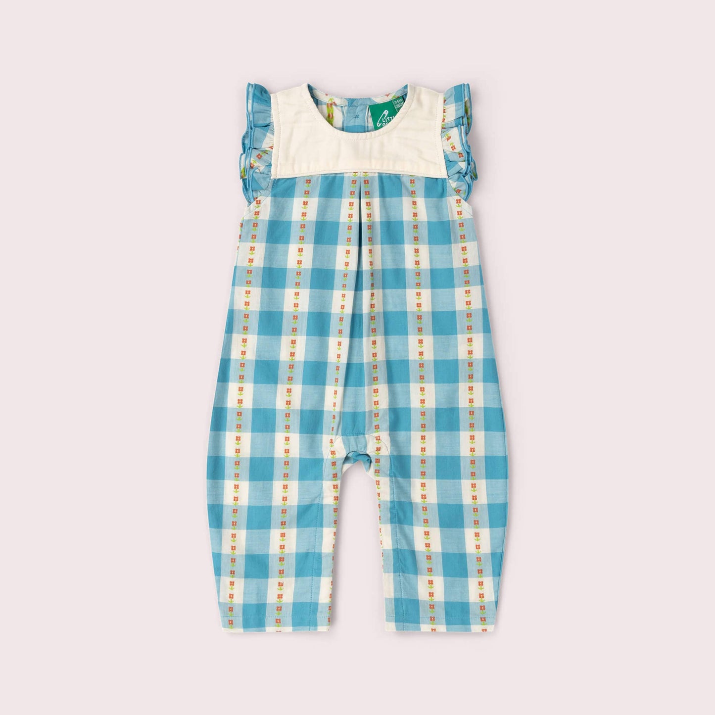 Blue checkered overalls with a white shirt underneath on a light gray background