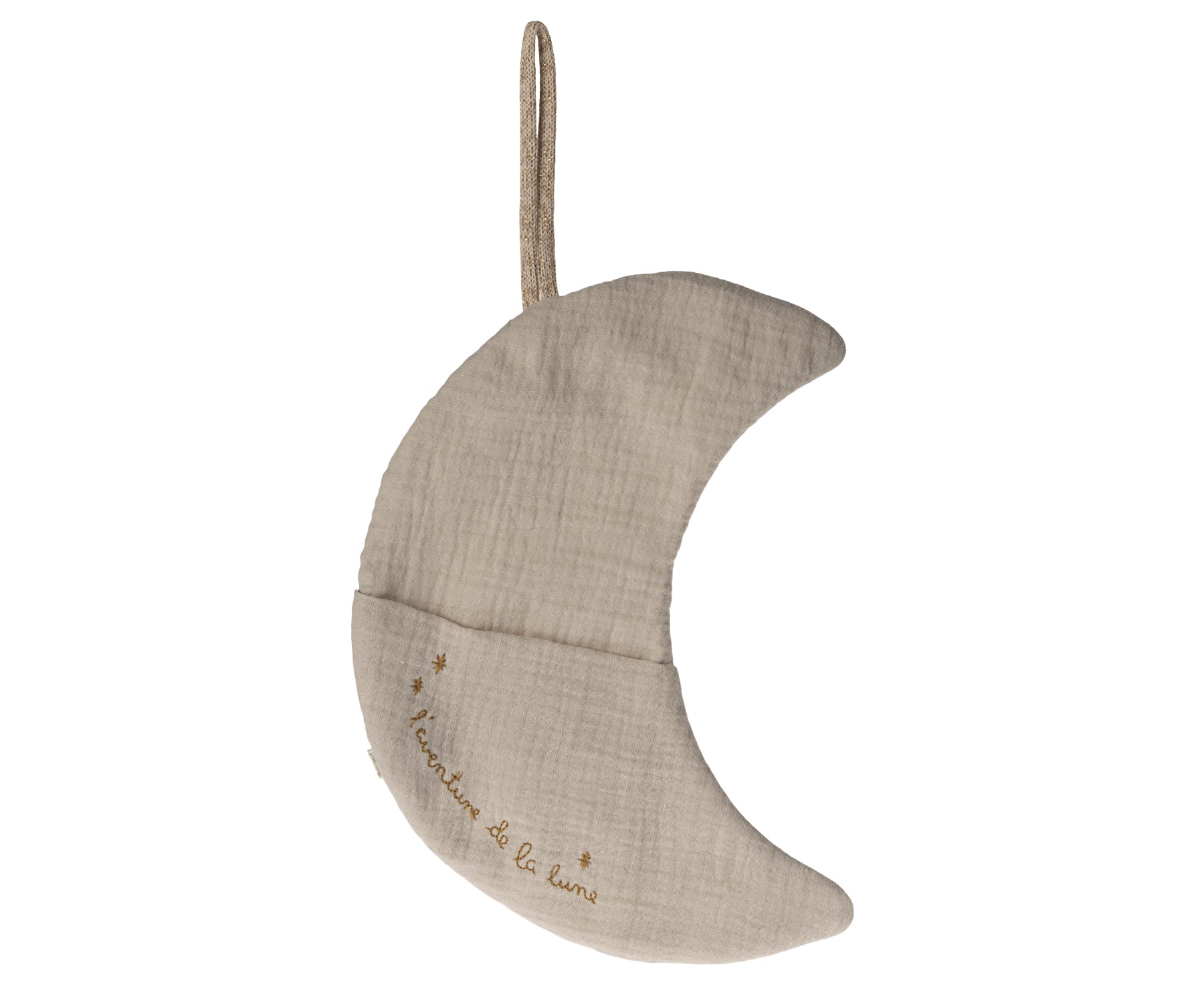 Fabric moon-shaped hanging decoration with 'Nouvelles de la Lune' text on a white background