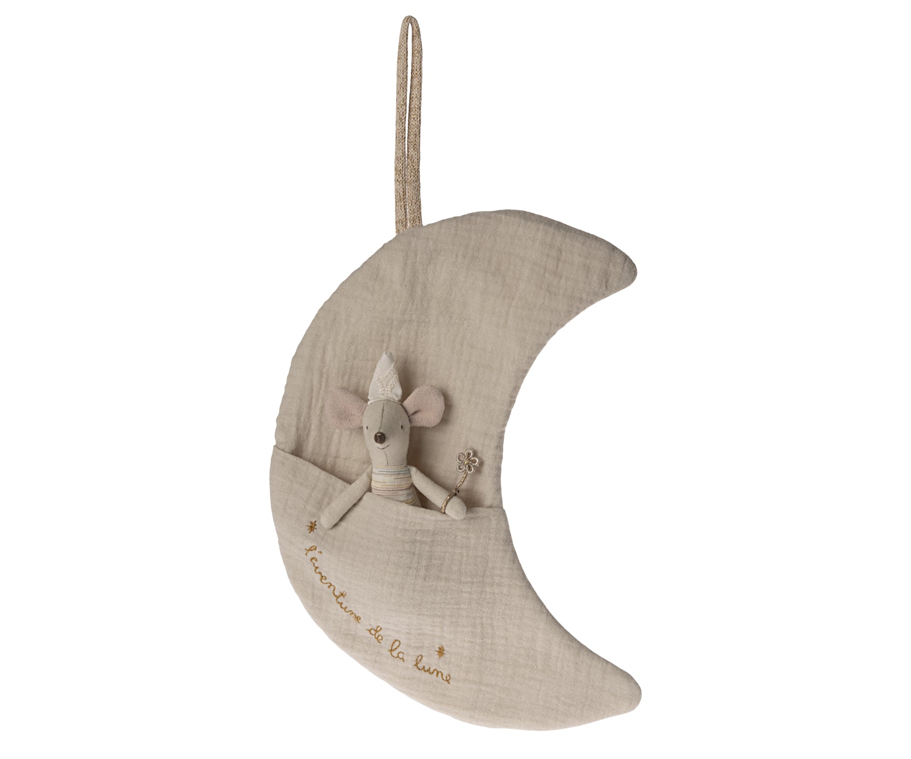Decorative moon-shaped pocket with a plush toy mouse fairy on a white background