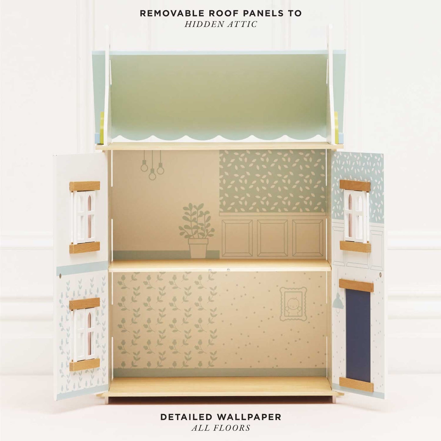 Model of a dollhouse with removable roof panels to reveal a hidden attic.