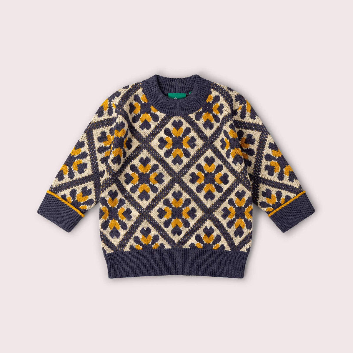 Navy, cream and mustard diamond-patterned knitted jumper with ribbed cuffs and hem.