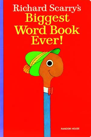Book cover of 'Richard Scarry's Biggest Word Book Ever!' with a cartoon character on a red background.