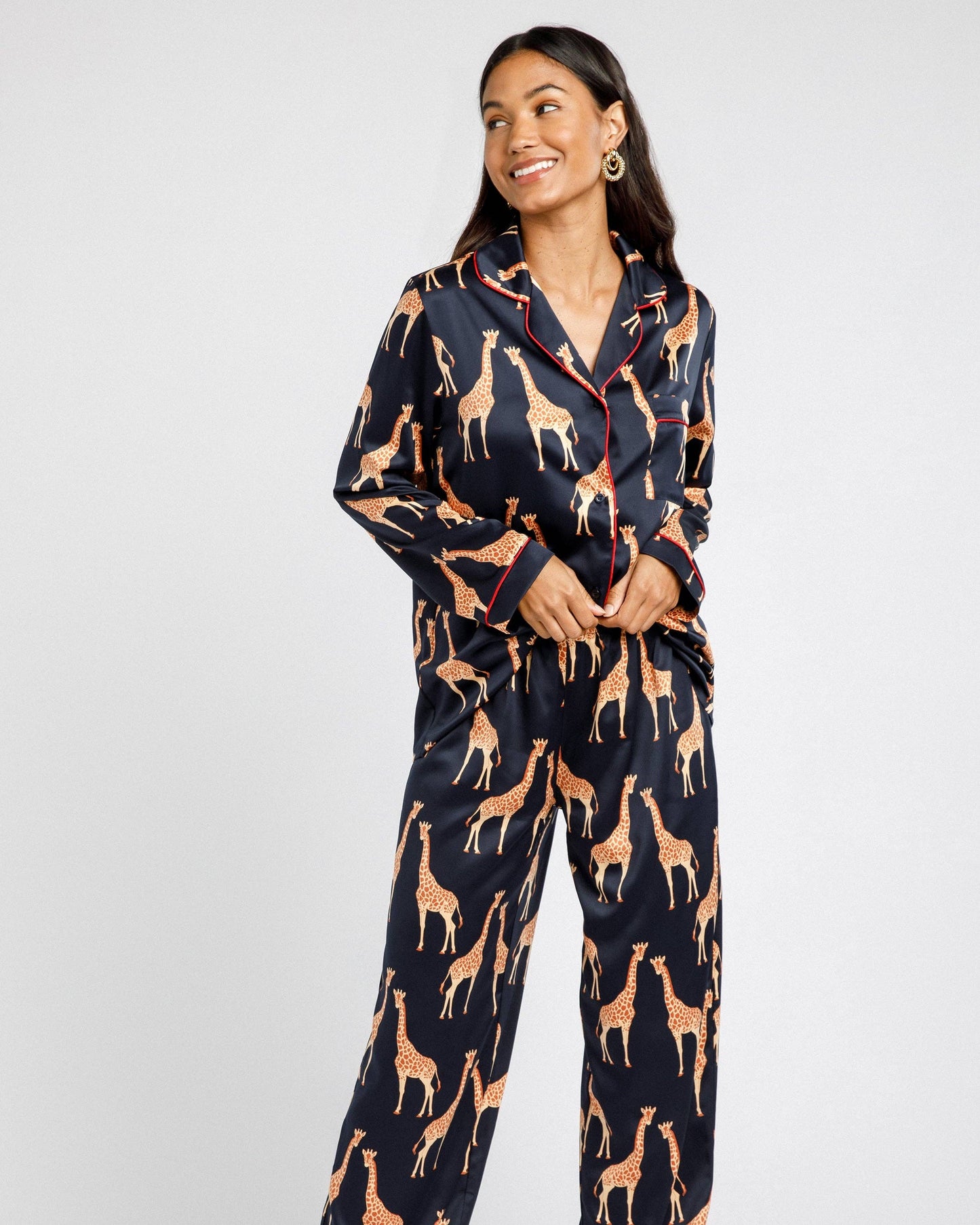 Satin Navy Giraffe Print Long Pajama Set