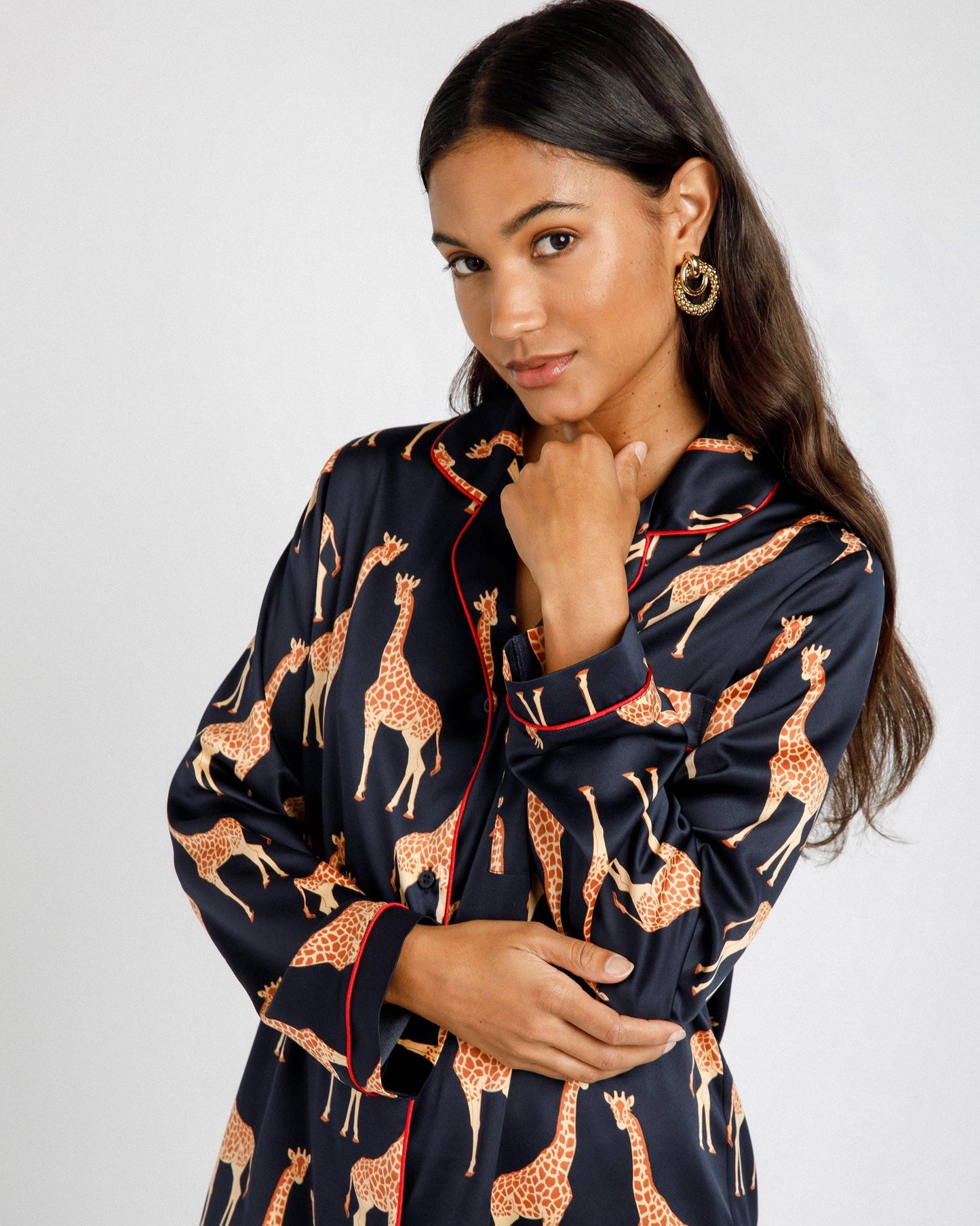 Satin Navy Giraffe Print Long Pajama Set