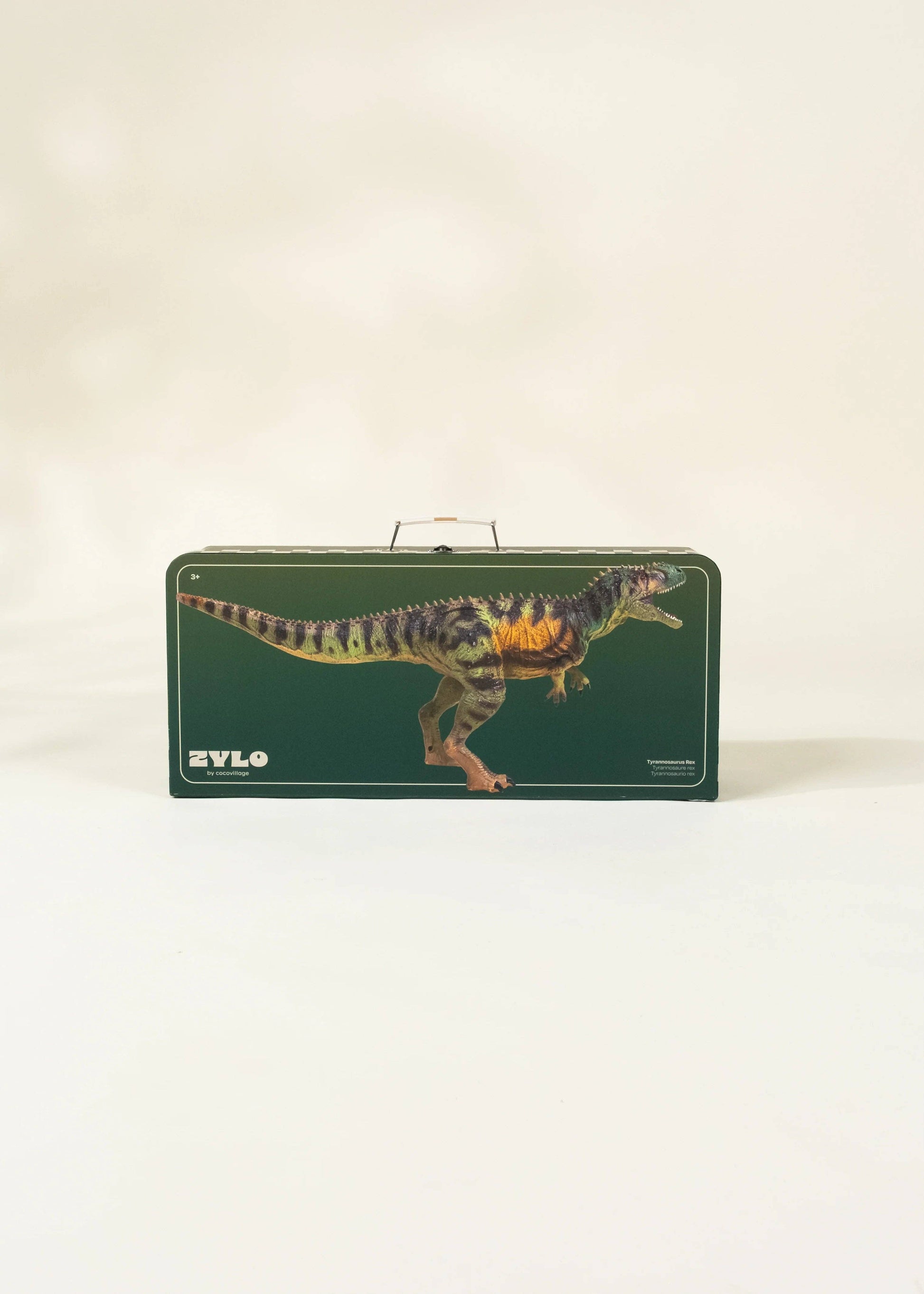 Green toy box with a dinosaur design on a beige background