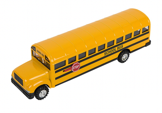 Yellow toy school bus with a stop sign on a white background