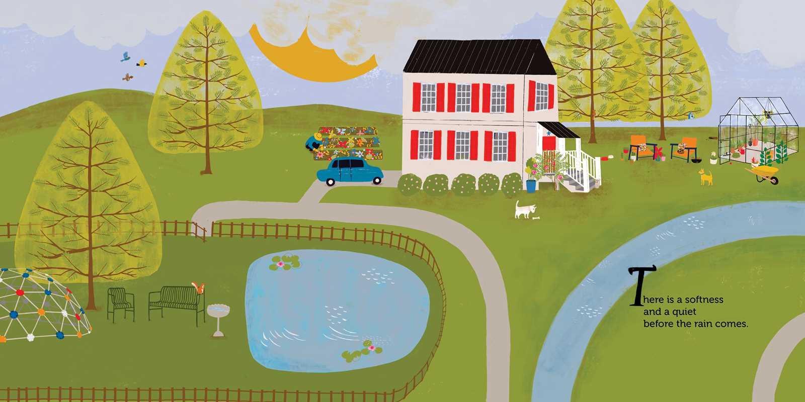 Illustration of a suburban neighborhood with a play structure, a house, trees, a green house and a pond.