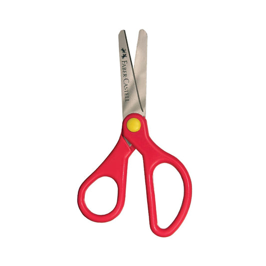 Red scissors with a yellow button on a white background, branded 'Faber-Castell'.