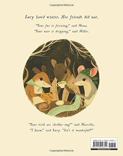 Back cover of Mice Skating featuring three mice drinking tea and knitting around a table