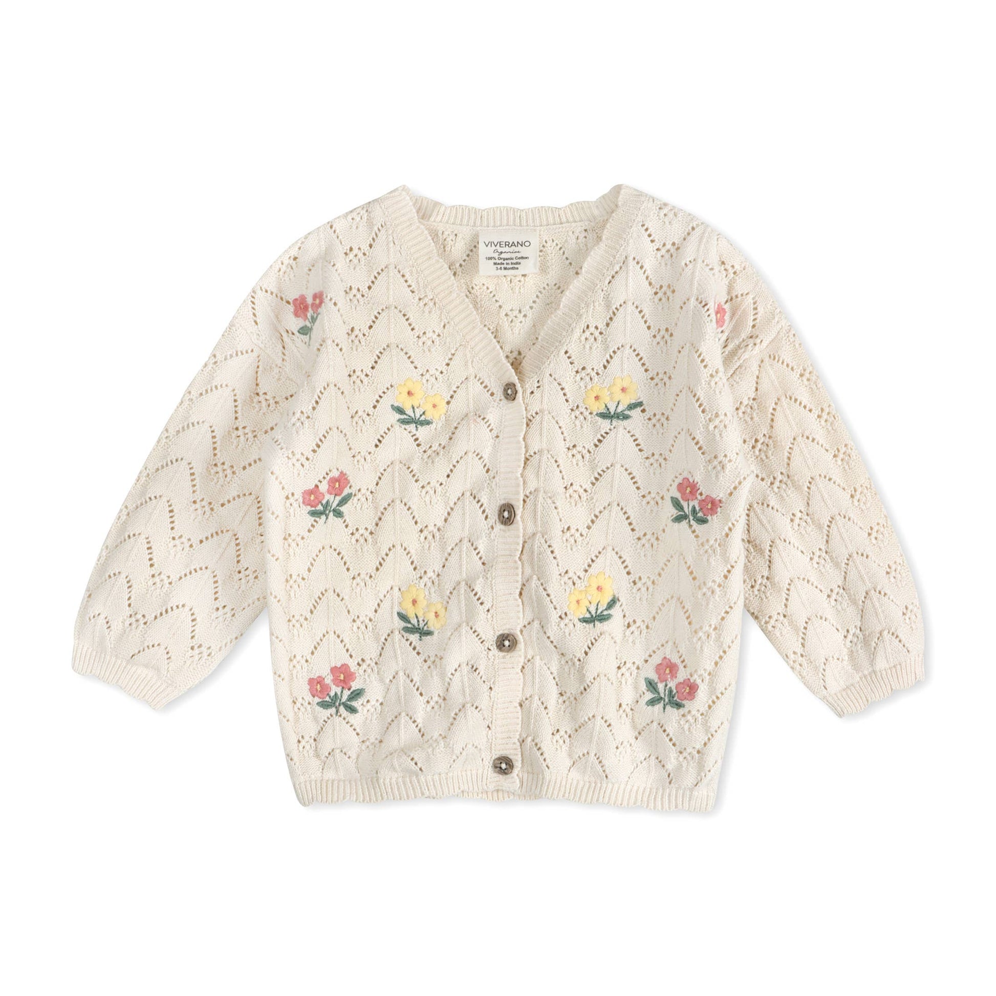 Knitted cardigan with floral patterns on a white background