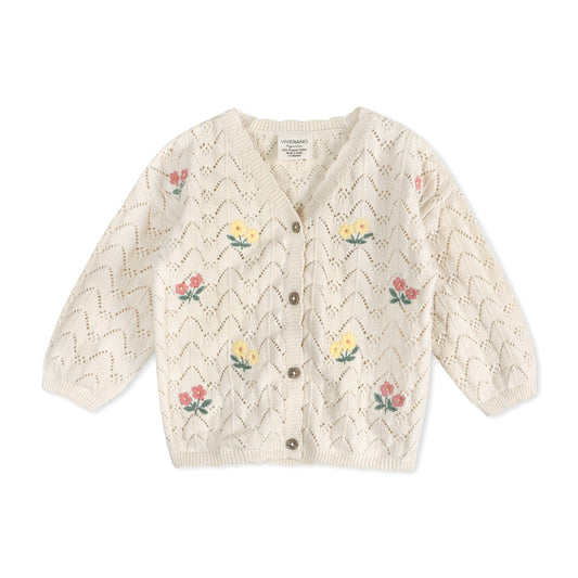 Knitted cardigan with floral patterns on a white background