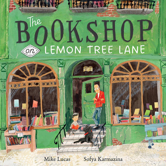 Illustrated book cover of 'The Bookshop on Lemon Tree Lane' with a green bookshop facade.